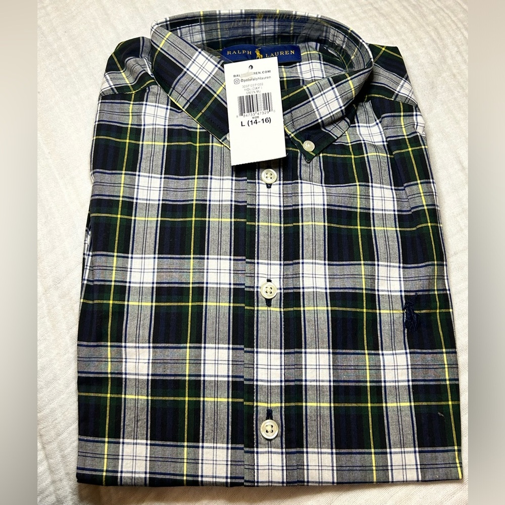 POLO RALPH LAUREN Plaid Cotton Poplin Shirt Boys sz Large (14-16 ) NWT Holiday